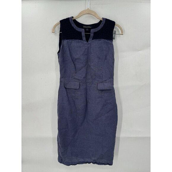 Brooks Brothers Dress Women 2 Purple 100% Linen Floral Embroidered Neck Business - Picture 1 of 8